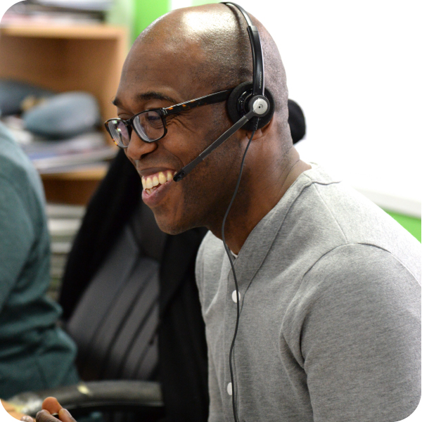 Recruiter man laughing while wearing headset